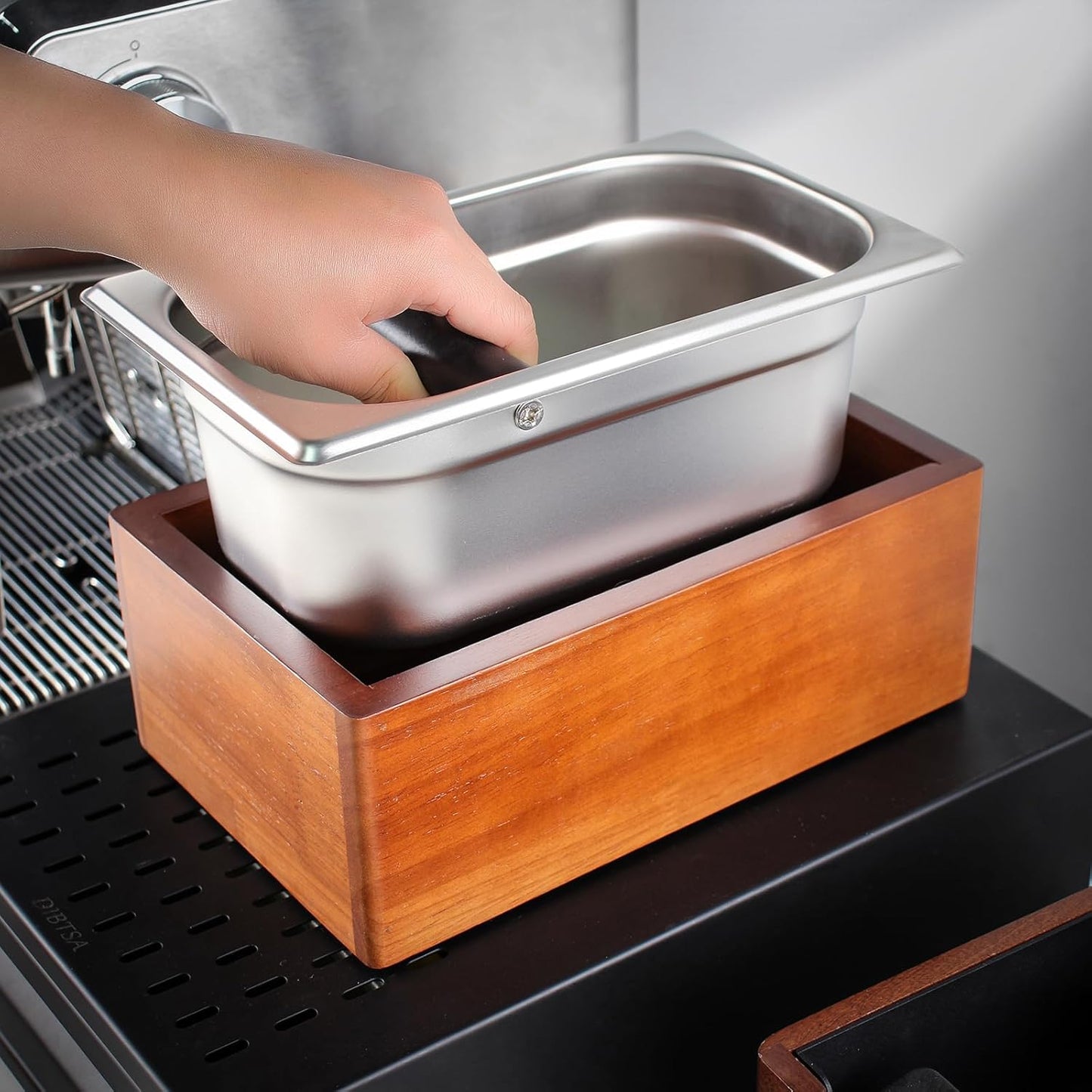 DIBTSA Knock Box Espresso, Coffee knockbox with Rubber Knock Bar and Anti-slip Pad, Commercial Use Large Capacity, Stainless Steel and Wooden, Espresso Accessory
