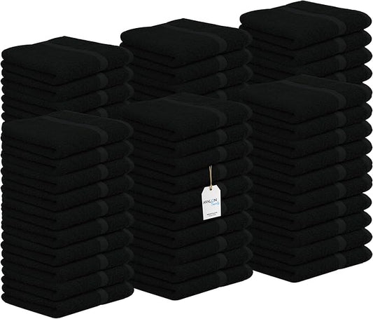 Avalon Towels Cotton Washcloths – (Pack of 60) Size 12x12 Inches, 100% Ring Spun Cotton, Soft & Absorbent Face Towels, Gym Towels, Hotel and Spa Quality, Reusable Fingertip Towels (Black)