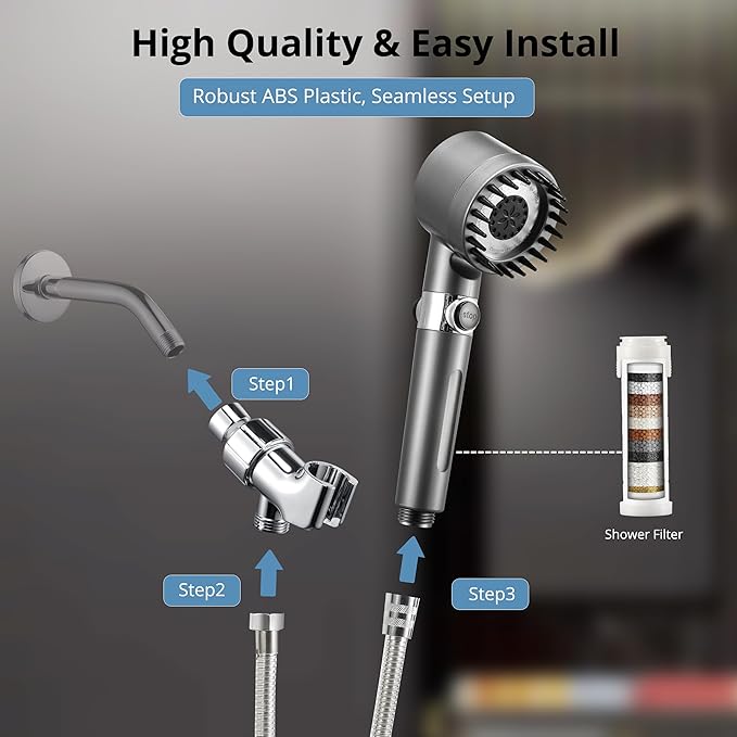 Fitered Shower Head with Handheld for Hard Water, High Pressure Handheld Shower Heads with On Off Switch, Showerhead with Long Hose(Gun Grey,2 Filters)