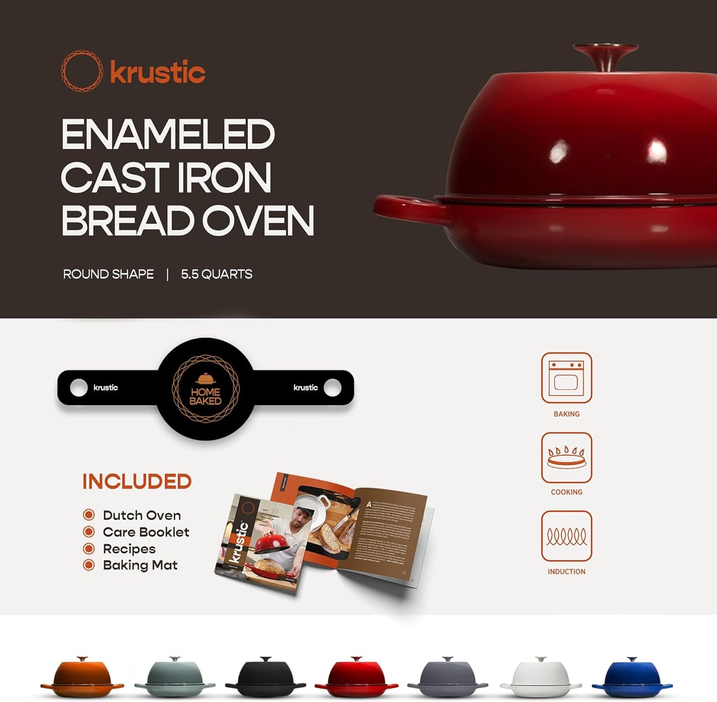 Enameled Cast Iron Dutch Oven for Sourdough Bread Baking | 6 Quart Pot with Lid | 10 Inch Ceramic Enamel Thick Coated Cookware Set with Non Stick Silicone Baking Mat for Cooking | 6 Qt | Red