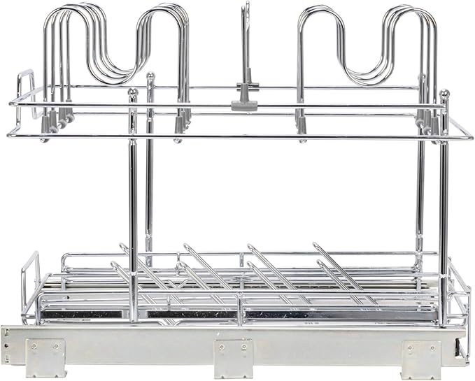 Household Essentials Glidez Multipurpose Chrome-Plated Steel Pull-Out/Slide-Out Basket Storage Organizer for Pots and Lids - 2-Tier Dual-Slide Design - Fits Standard Size Cabinet or Shelf, Chrome