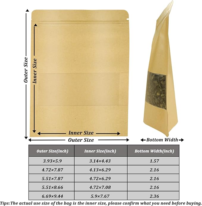 100 PCS Resealable Bags, Stand Up Kraft Paper Bags with Matte Window, Zipper Lock Food Storage Bags for Small Business and Home, 5.51 * 8.66 Inch Reusable Sealable Bags for Packaging