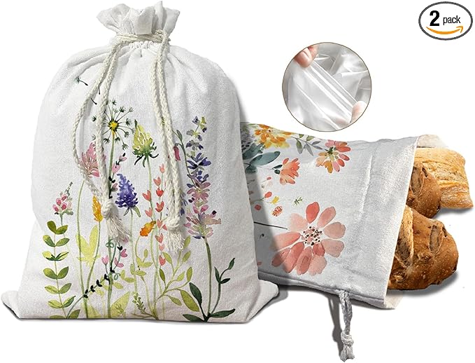 Beeswax Linen Bread Bags for Sourdough, Floral Linen Reusable Bread Bag for Sourdough Homemade Bread 2Pcs, Flower Storage Bread Box for Baker Kitchen Baking Gifts for Women 16.5x12