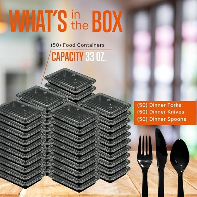 SQUATZ 50 Meal Prep Containers with Lids for Adults - 33oz, Microwave Safe, Reusable Food Storage, Freezer Safe, Leak-Free Lunch Container - Includes Utensils