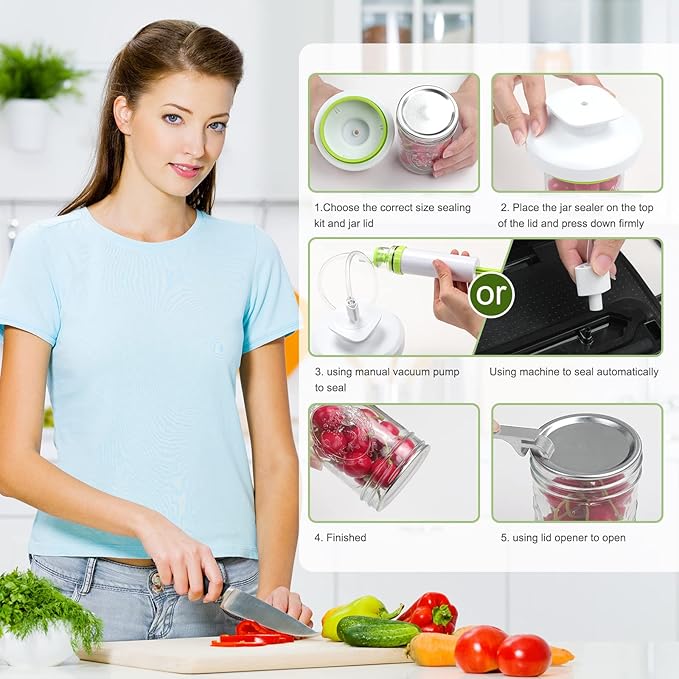 Mason Jar Vacuum Sealer Kit - Vacuum Sealer with Manual Pump and Lid Opener for Wide & Regular Mouth Jars