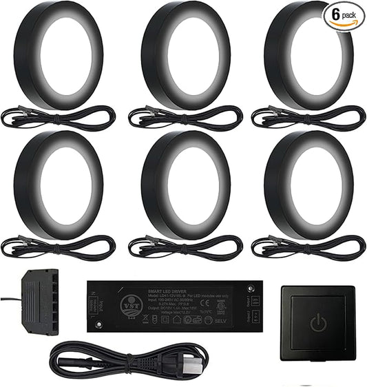 VST Under Cabinet Lighting Plug in with Wired Touch Dimmer Switch,Recessed or Surface Mount Design,Warm White 3000K 12V 2W(12W Total, 60W Equivalent),6 Pack Black Puck Lights Fixtures