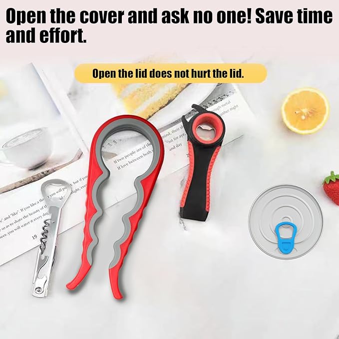 2PCS 5 in 1 Multi-Function Jar and Bottle Opener for Weak Hands - Manual Can Opener With Non-Slip Rubber Gripper Pad - Easy Twist Tool for Arthritic Hands (Red)