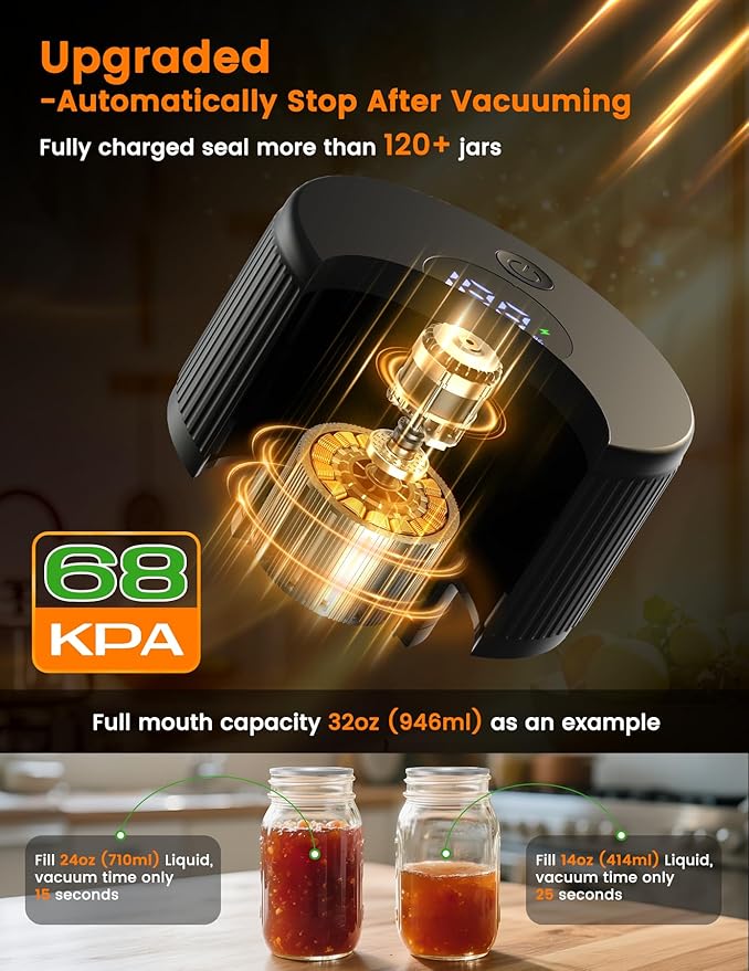 Electric Mason Jar Vacuum Sealer, MJ02 Cordless Automatic Mason Jars Vacuum Sealer Kit for Wide Mouth and Regular Mouth Mason Jars with 20 Air Valve Mason Lids & 2 Vacuum Bags