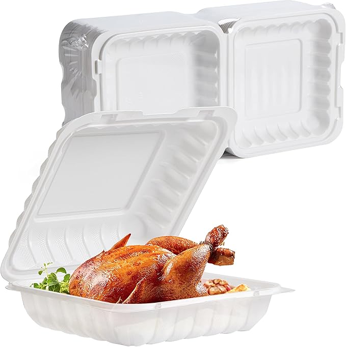 To Go Containers 8" 34 oz 55 Pack - Shrink Wrap BPA Free Mineral Filled PP | Reusable Dishwasher & Microwave Safe | Reusable Stackable Clamshell Takeout Picnic | White Catering Food Container