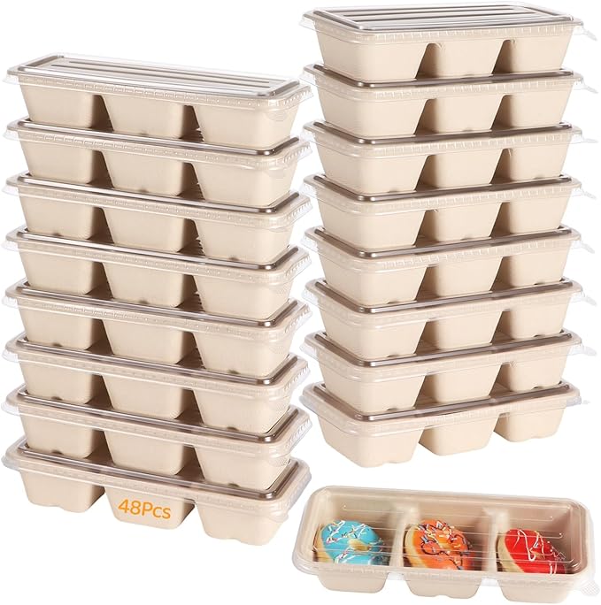 Homaisson 48 Pcs 3 Compartment Paper Food Containers with Lids,Disposable Meal Prep Containers with Clear Lids, Leak-proof Meal Prep Serving Trays, Take Out Food Containers for Party, Picnic, Camping