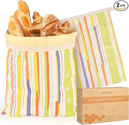 XL Beeswax Bread Bag 2-Pack for Sourdough & Homemade Bread | Reusable Cotton Linen Food Storage with Natural Beeswax Lining | Keeps Fresh, Easy to Clean (17x13 Inches)