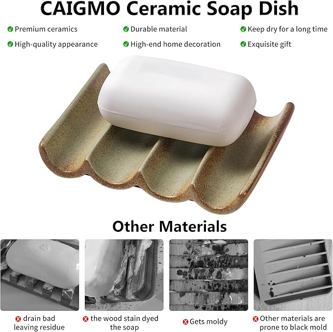Soap Dish for Shower, Soap Dish with Drainage, Soap Bar Holder Decorative Square Soap Tray, Waterfall Drainer Soap Holder for Bathroom Kitchen Sink, Retro Yellow1 Pcs
