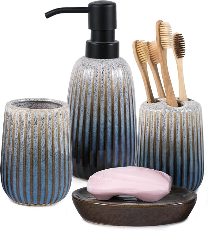 Bathroom Accessories Sets Complete -Set 4 Pcs, Ceramic Bathroom Accessory Bath Ensemble Includes Soap Dispenser, Toothbrush Holder, Toothbrush Cup, Soap Dish for Modern Bathroom Home Decor