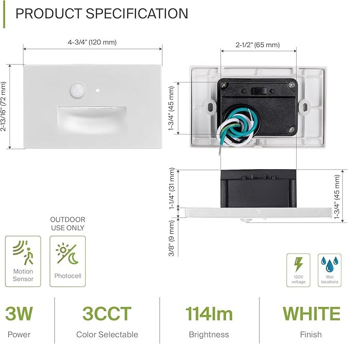 ASD LED Recessed Step Light Fixture, Dusk To Dawn Outdoor Tread Lighting | 3CCT, Motion Sensor, Photocell, Waterproof, ETL Listed | 3W 120LM 3000K-5000K 120V | Staircase Hardwired Illumination | White
