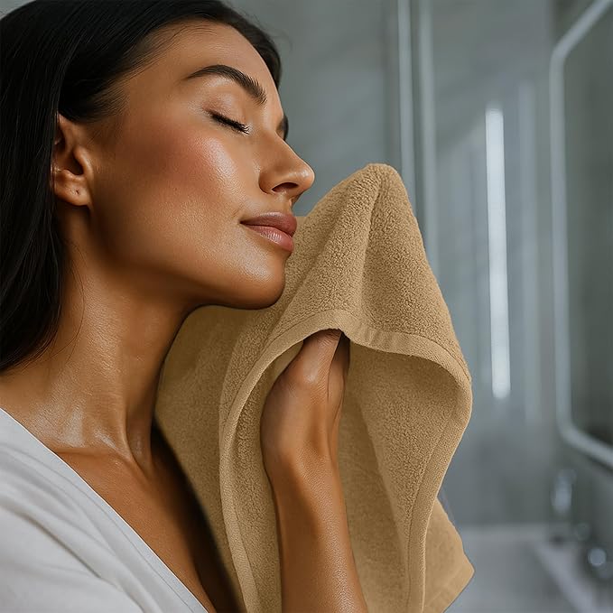 RIVERSIDE 24 Pack Washcloths Set - 100% Cotton [12x12 Inches] - Soft, Quick-Dry & Highly Absorbent Face Towels - Perfect for Bathroom, Gym, Hotel, Spa & Travel - Tan