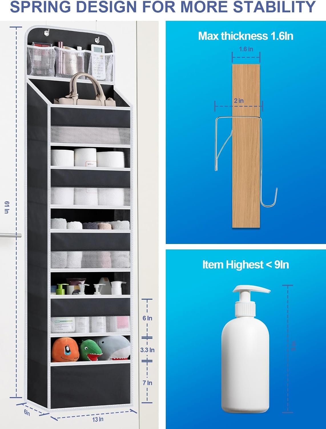 Over the Door Organizer Storage - 6 Tier Hanging Storage shelves Door Organizer with Pockets, Anti Tilt 44 lb Load Behind Door Organizer for Bedroom,Nursery,Bathroom,Kitchen,Dorm,Shoe - 1 Pack, Black