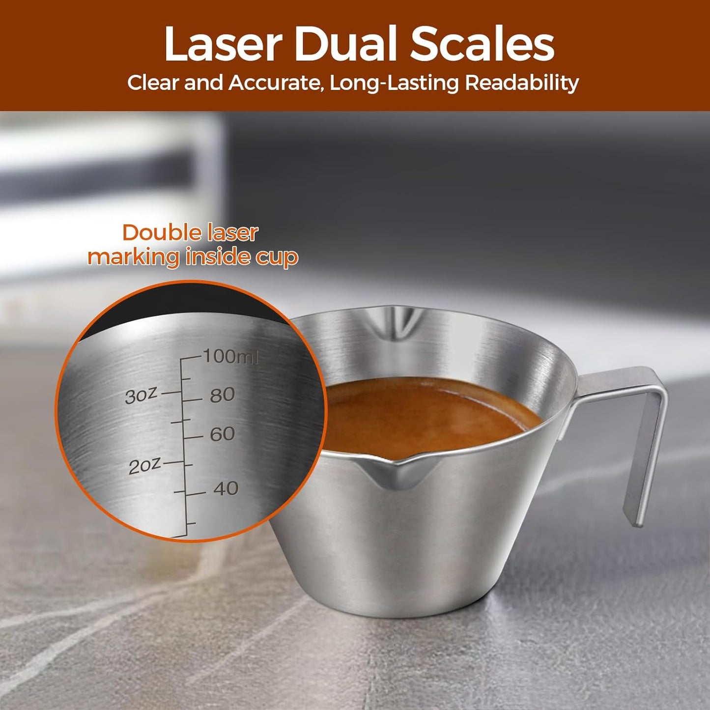 1Pc Stainless Steel Espresso Cups, Double Spout Metal Measuring Cup with Dual Scale, Espresso Shots Cup with Handle, Coffee Bean Weighing (Black), 3.4oz/100ml