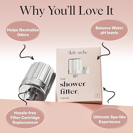 Kitsch Shower Head Filter for Hard Water – Shower Filter with KDF-55 & Calcium Sulfite, Helps Reduce Chlorine & Impurities, Water Softener - Bathroom Accessories for Healthier Hair & Skin - Chrome