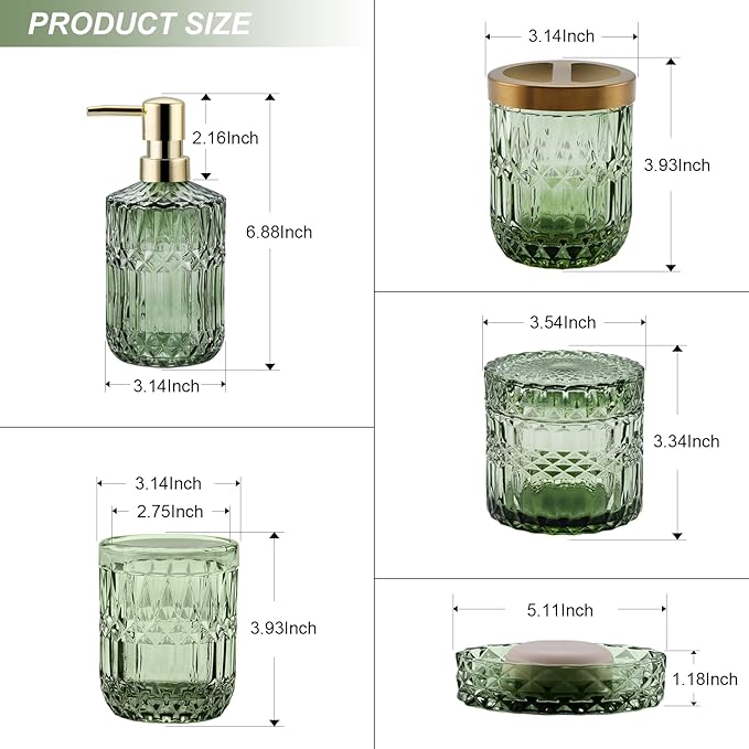 Green Bathroom Accessories Set, 5Pcs Clear Glass Bathroom Accessories, Hand Soap Dispenser, Soap Dish, Toothbrush Holder Set, Tumbler, Qtips Holder for Modern Crystal Bath Countertop Decor