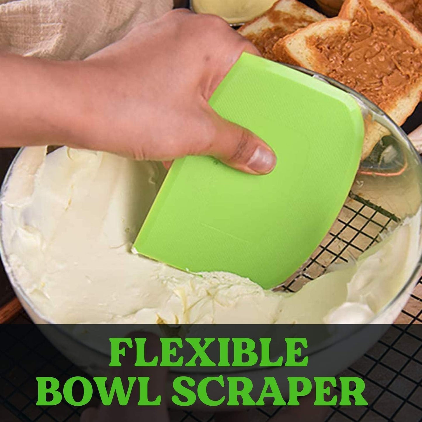 SURDOCA Dough Scraper Bench Scraper - 3P 7.1x4.9" Plastic Flexible Bowl Scraper, Sharp Edge & Angles Cake Scraper. Non-Slip Bakeware Decorating Tools Sculpting & Modeling Tools - Pure Green