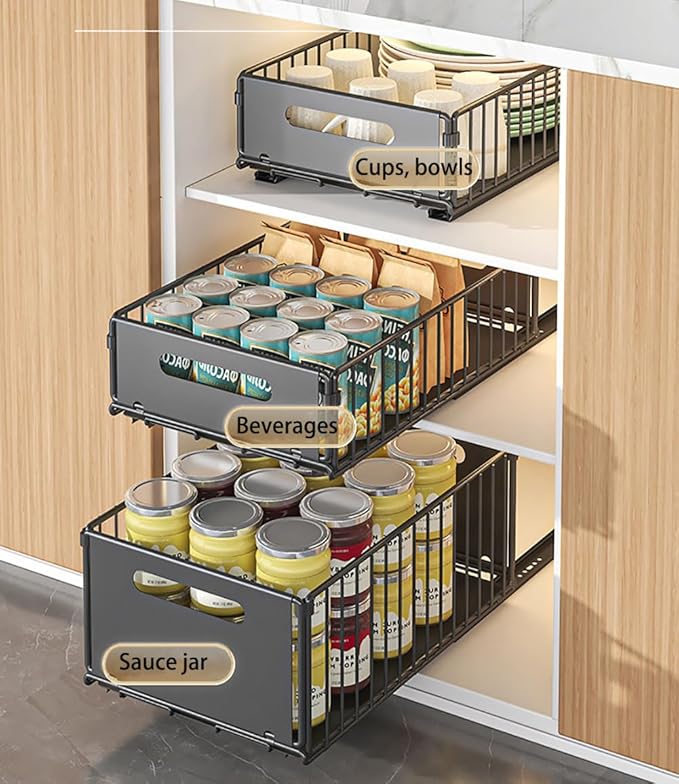 Pull Out Cabinet Organizer Slide Out Drawer Storage Shelves Cupboard Organiser Sliding Cabinet Basket for Kitchen No Drilling and Nailing (Black, 4Piece 9.8" W X15 D X 7.5" H)