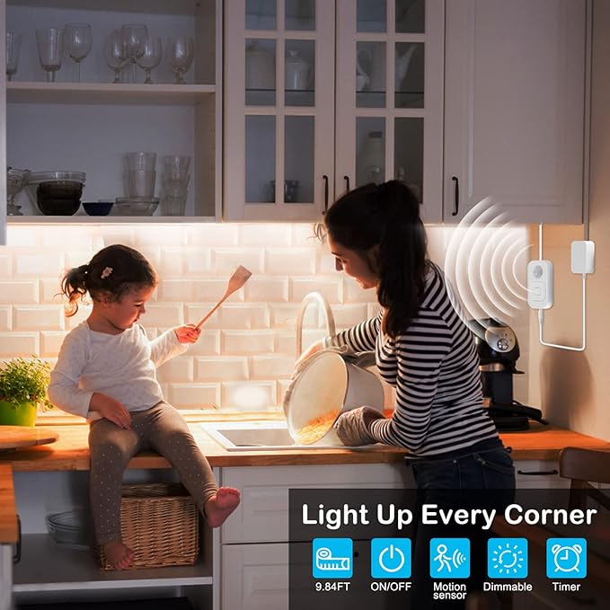 Motion Sensor Under Cabinet Lights - Plug-in LED Strip Lights Indoor With UL FCC Approved Adapter, Dimmer And Timer For Kitchen Cabinet, Counter, Shelf, Showcase, Stairway, Bedroom, Corridor, Washroom