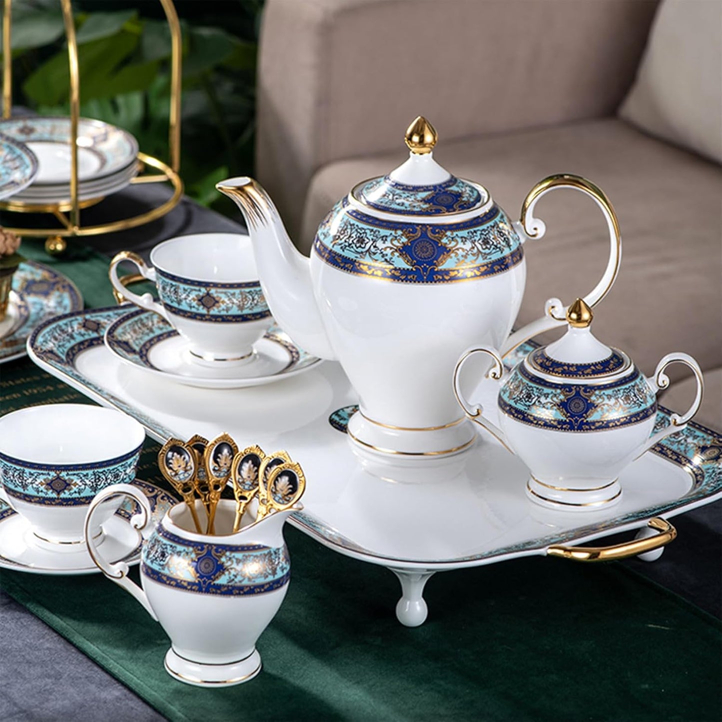 Euro Style Bone China Tea Set, 21 Piece Porcelain Tea Sets for 6 Adults, Bone China Tea Cup Set, Creamer Pitcher, Tea Set for Women Tea Party Set, Gift Package (21, Court)