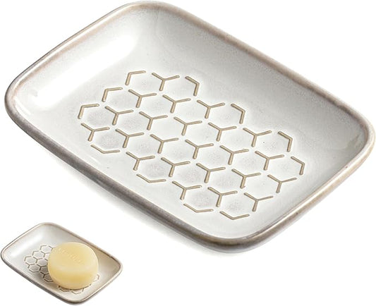 Gomakren Soap Dish for Shower, Bar Soap Holder, Ceramic Soap Dishes for Bar Soap, Sponge Holder Soap Saver Soap Tray for Bathroom Kitchen Sink, 5.5 Inch, Beige