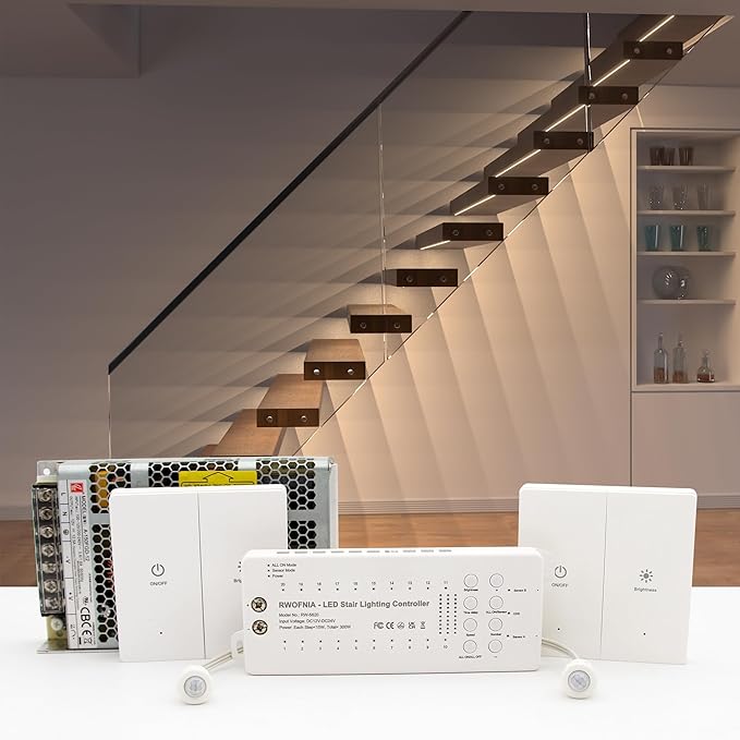 Wall Switch Control and Motion Sensor LED Stair Lighting Kit RW-5620, 40 Inches Long Cuttable LED Light for Indoor LED Stair Lights (Warm White 3000K, 16 Stairs)
