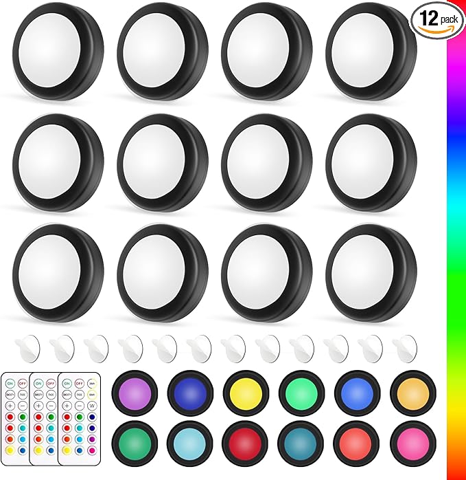 Yiliaw LED Puck Lights with Remote Control, AA Battery Operated, 12 Color Closet Under Cabinet Lighting, Push Tap Light, Under Counter for Kitchen, 12 Pack, Black-Magnetic