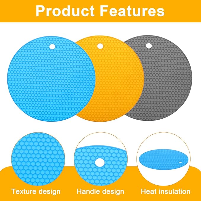 uxcell 3pcs Silicone Jar Opener Pads, 17.5cm/7" Texture Can Opener Multipurpose Round Bottle Lid Opener Non-Slip Coasters for Weak Hands Seniors Children, Orange, Blue, Gray