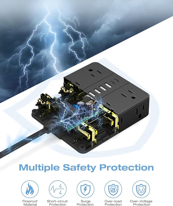 10FT Surge Protector Power Strip,12 AC Outlets with 6 USB Ports (2 USB-C), Flat Plug Extension Cord with Multiple Outlets, Wall Mount for Home Office,Dorm,Black