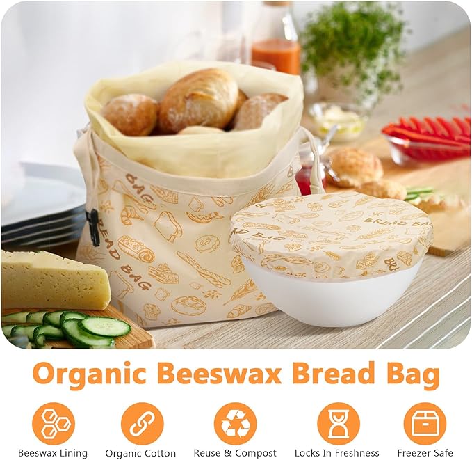 Reusable Pure Beeswax Bread Bags for Sourdough, Organic Cotton Beeswax Dough Bags, 2 Packs Homemade Bread Storage and Bowl Cover