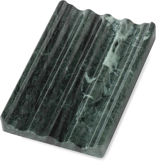 Koville Indian Natural Marble Soap Dish for Shower, Stone Soap Tray for Bathroom, Bar Soap Holder for Sink, Stripe Grooves Saver Sponge Holder Keep Soap Bars Dry Easy Clean (Verde Alpi)