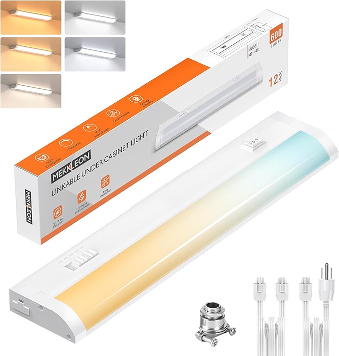 12inch Linkable Under Cabinet Lighting Hardwired Plug-in, Wired led Under Cabinet Lights with 5 CCT (2700/3000/3500/4000/5000) & Dimmable, Under Counter Lights for Kitchen, 6W, 600LM, 1 Pack