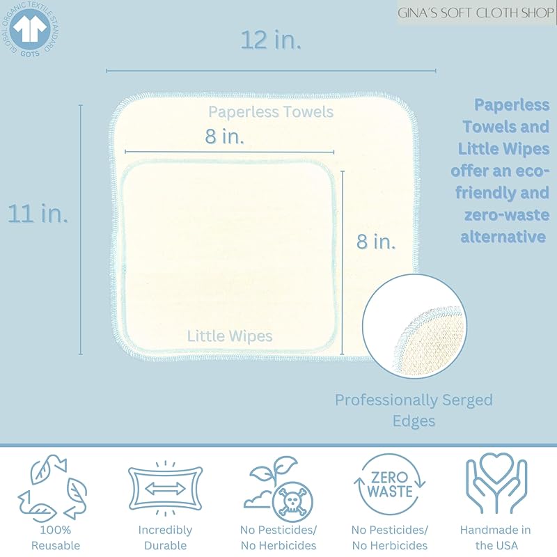Gina's Soft Cloth Shop 1 Ply Organic Flannel Washable Baby Wipes 8 x 8 Inches Set of 10 Earthtone Assortment. Handmade in the USA!