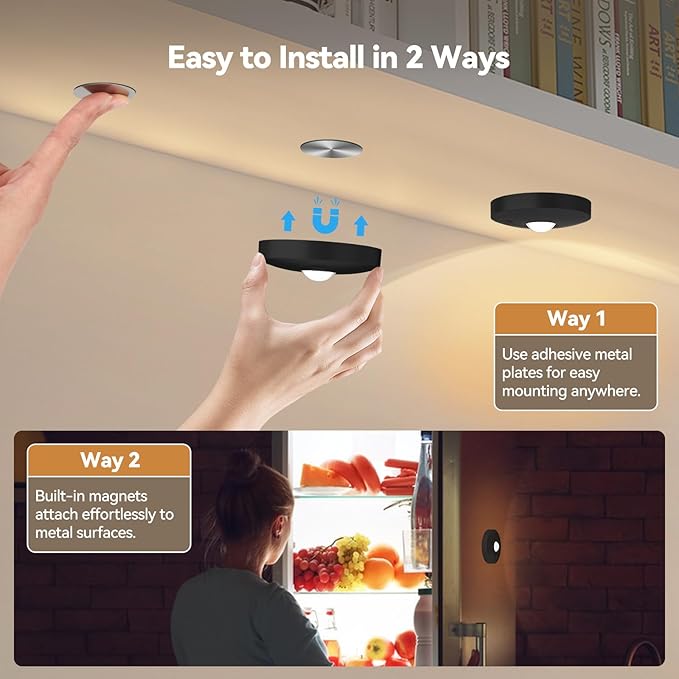 Yiliaw Rechargeable Puck Lights with Remote, 6 Pack Magnetic Under Cabinet Lighting, 1500mAh Battery Operated LED Tap Lights with Dimmer & Timmer for Kitchen, Closet, Shelf - 3 Color Temps, Black