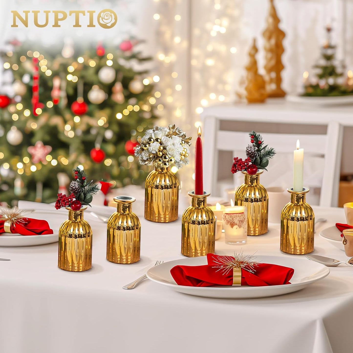 NUPTIO Bud Vases Small Gold: 12 Pcs Glass Vase Set in Bulk for Flowers - Mini Vintage Flower Bottle Single Assorted Vases for Wedding Table Centerpieces
