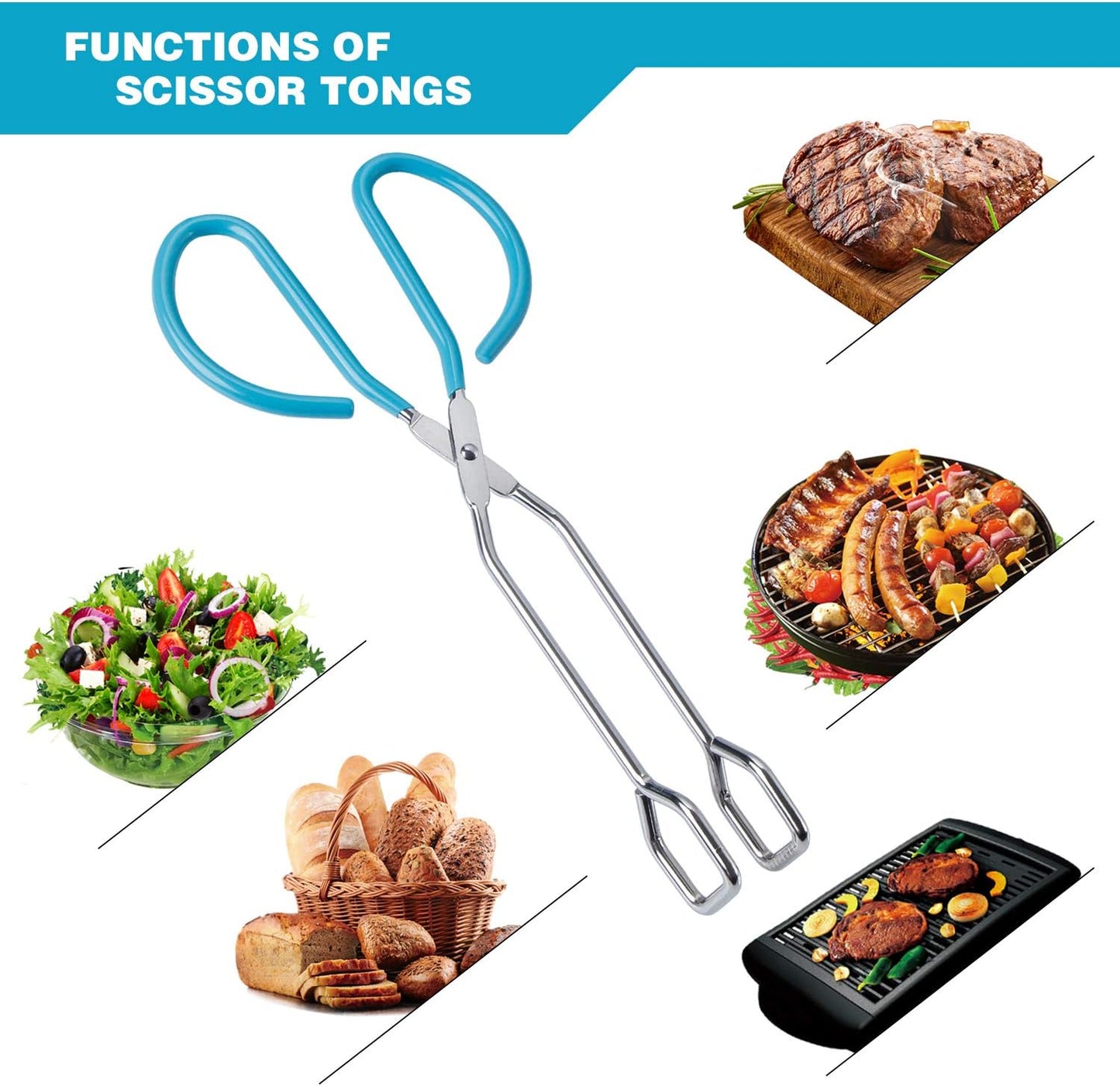 MSY BIGSUNNY Scissor Tongs Heavy Duty Cooking Tongs with Soft Handles (Stainless Steel, blue 10")