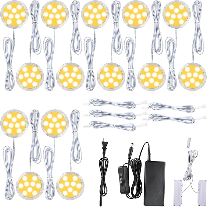 LED Puck Lights Kit for Under Cabinet Lighting, Octopus Connection, On/Off Switch, Plug in & Hardwired, 120V AC Powered to DC12V, White Cords, 14 Lights, Warm White