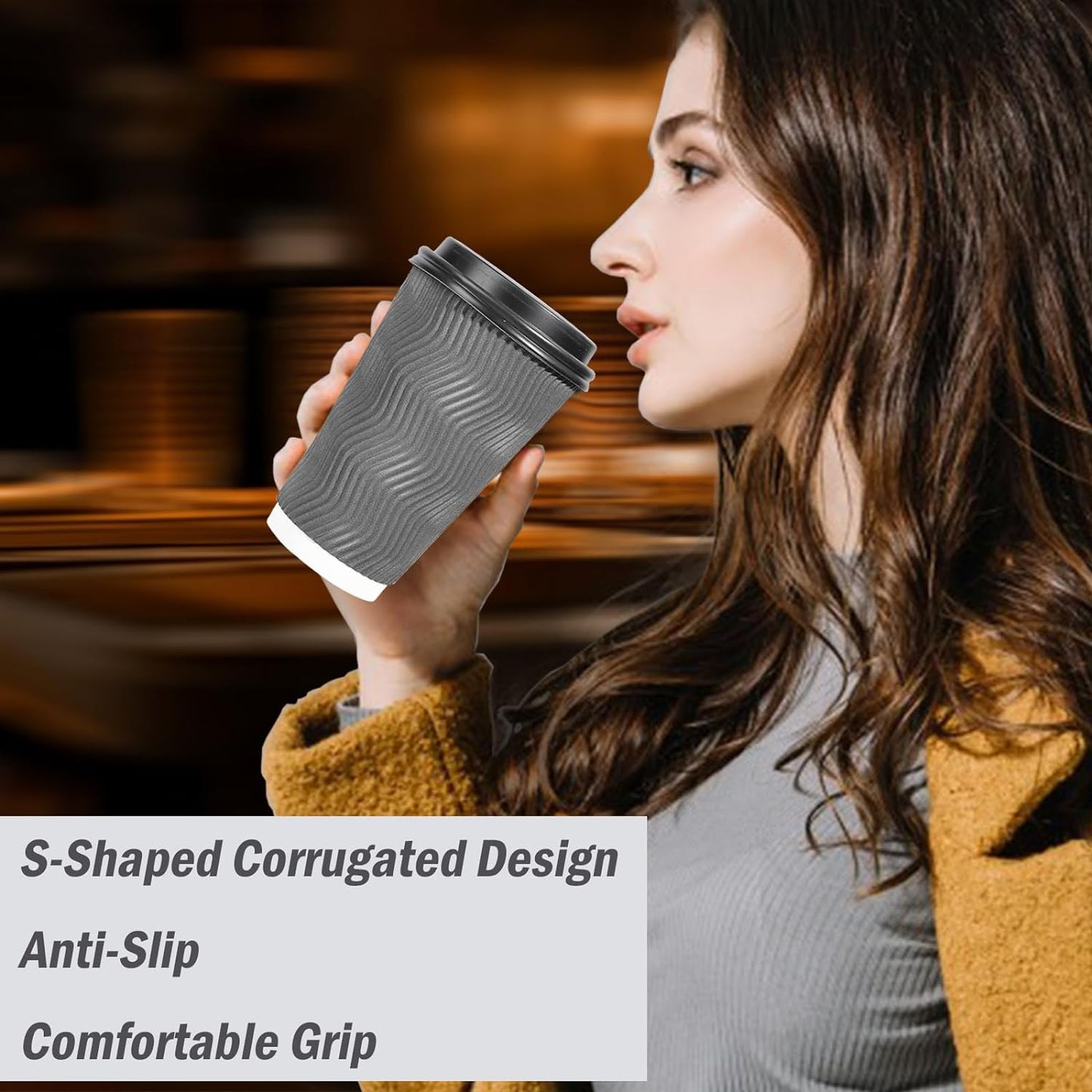 Lamosi 50 Pack - 16 oz Insulated Disposable Coffee Cups with Lids, To Go Paper Coffee Cups with Lids, Corrugated Ripple Wall Cup for Hot Drink, Office, Coffee Bar