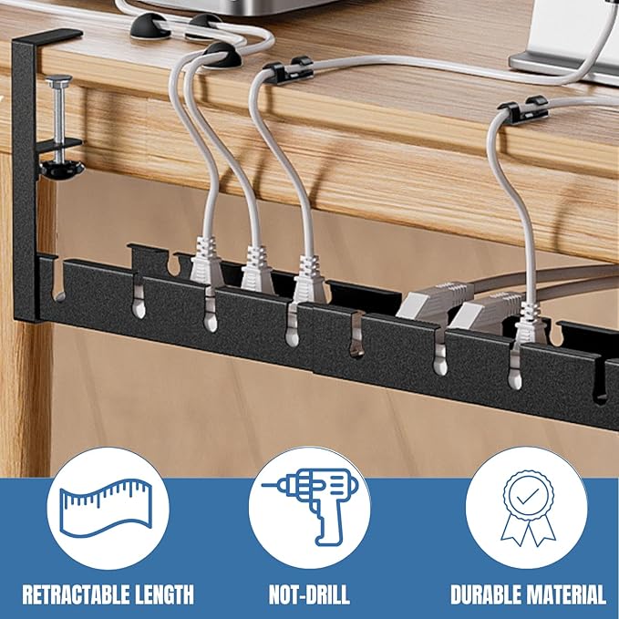 Extendable Under Desk Cable Management Tray | No Drill Adjustable Height Standing Desk Wire Organizer with Screw Mount Clamp & 2 Pcs Cable Sleeves | Under Table Cord Management with Tools, Accessories