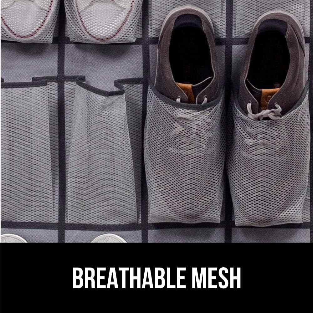 GORILLA GRIP Over the Door Shoe Organizer, 35 Large Breathable Mesh Pockets, Space Saving Hanging Storage Holder, 5 Hook Closet Rack Hanger, Hangs on Closets for Shoes, Accessories 68.5H x 24.5W Gray
