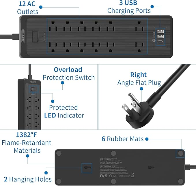 NTONPOWER Flat Plug Extension Cord 25 Ft, Surge Protector Power Strip with 12 Outlets(2 Widely Space) 3 USB, Overload Protection Switch, 2100 Joules, Wall Mount for Home Office and Workbench, Black