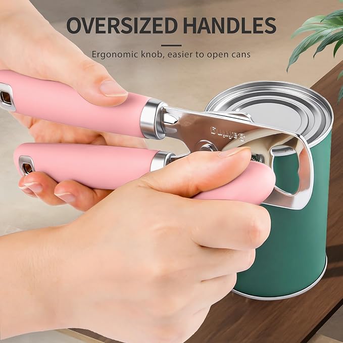 Can Opener Manual, Heavy Duty Stainless Steel Smooth Edge Can Opener With Soft Touch Handle, Oversized Handheld Easy Turn Knob, Multi-Function Bottle Opener, Pink