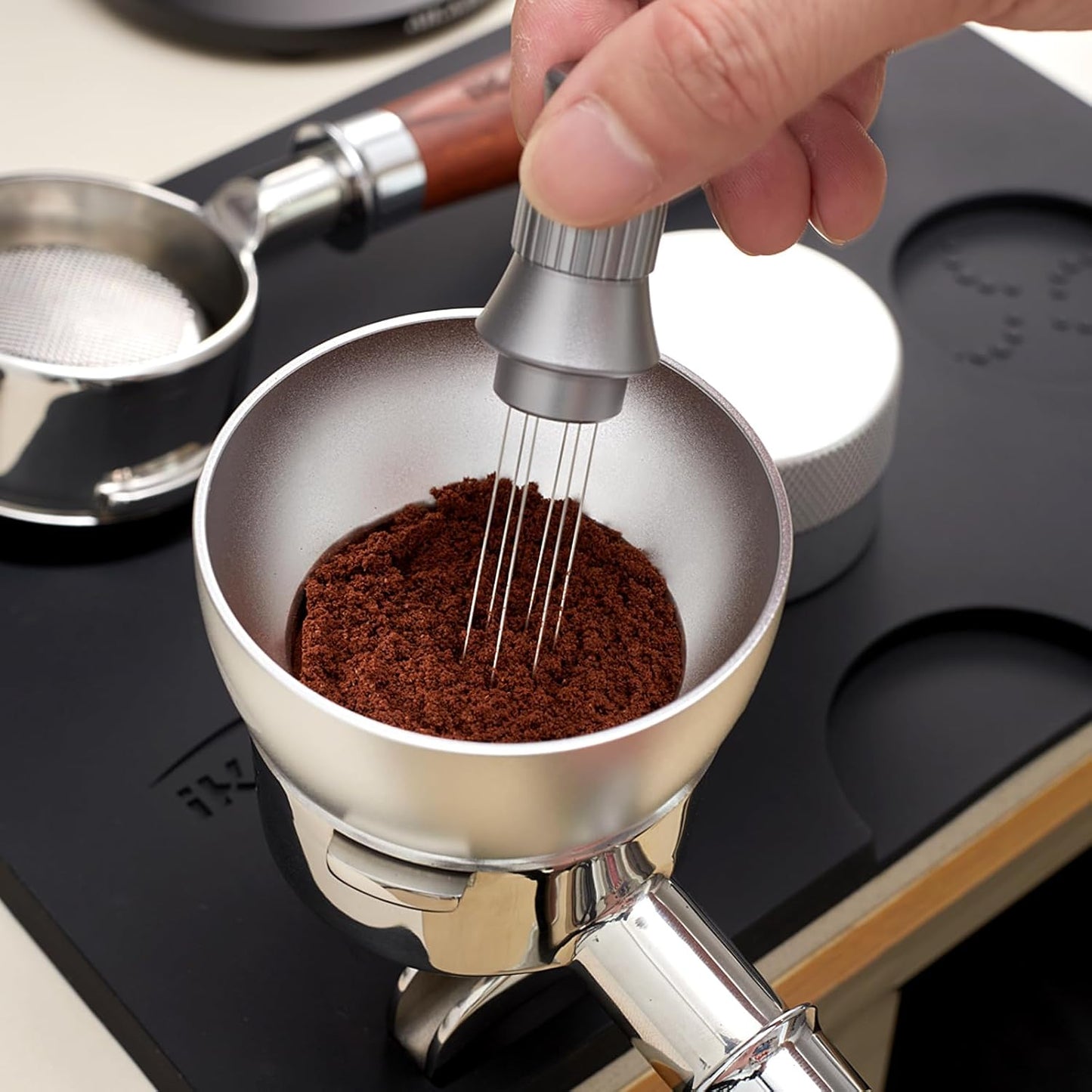 IKAPE Coffee Accessory Tool, Silicone Mat with Portafilter Holder, Espresso Tamping Station Mat, Distributor Food Safe & Non-Slip 11.61''x8.54'' (GJ-MAT)