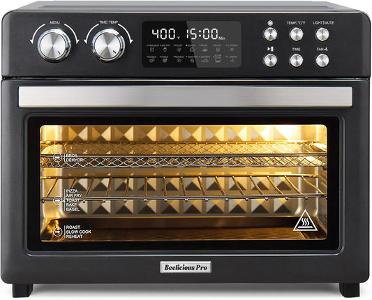 28QT Air Fryer Toaster Oven Combo, Large 12-in-1 Convection Countertop Oven with Next-Gen HeatWave Convection, 3-Layer Cooking, Rotisserie for Chicken, Fits 11" Pizza, Full Accessories, Sparkle Black