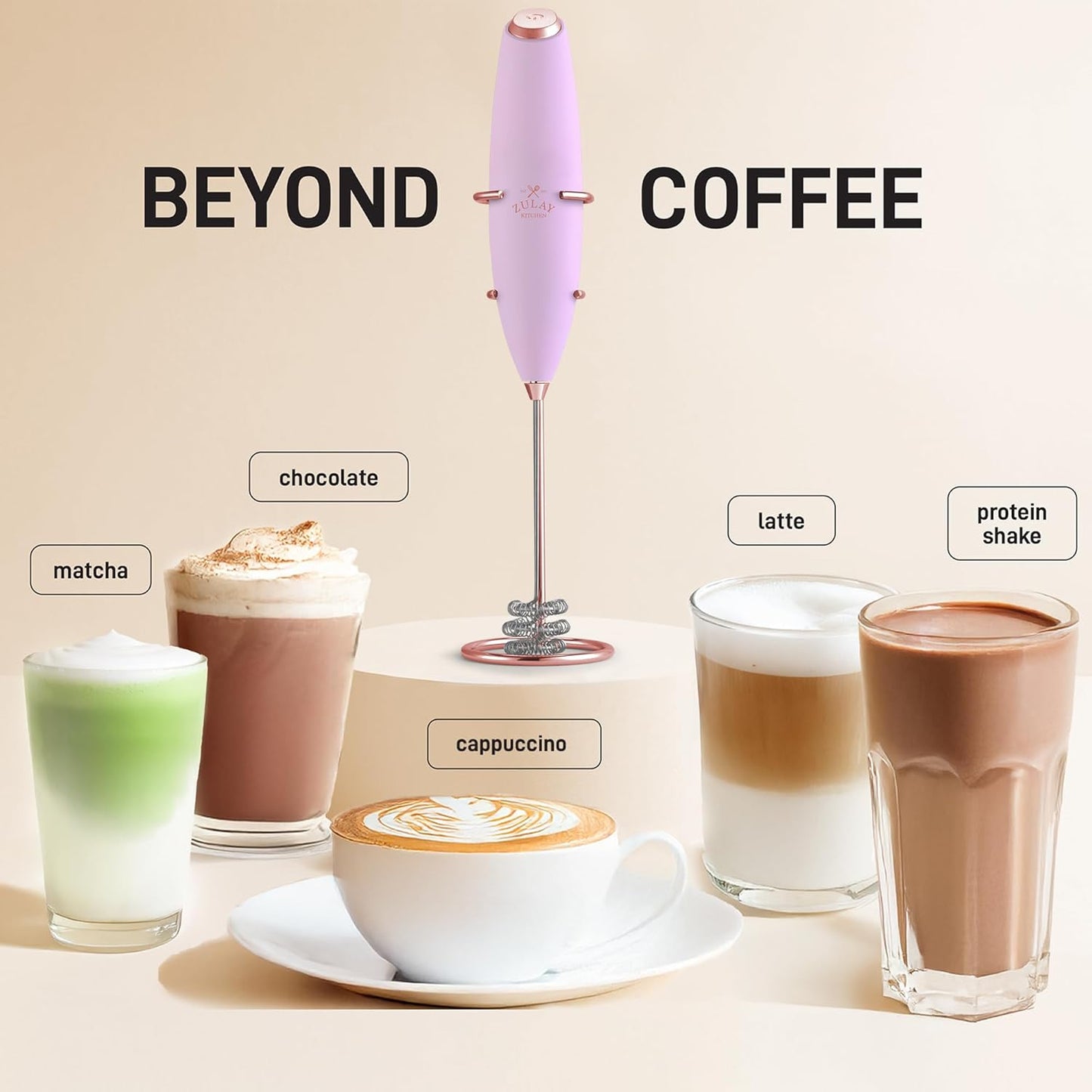 Zulay Kitchen Tornado Whisk Milk Frother with 4 AA Duracell Batteries - Triple Whisk for More Power - Handheld Coffee Frother with Stand - Drink Mixer for Lattes, Matcha & Protein Shakes