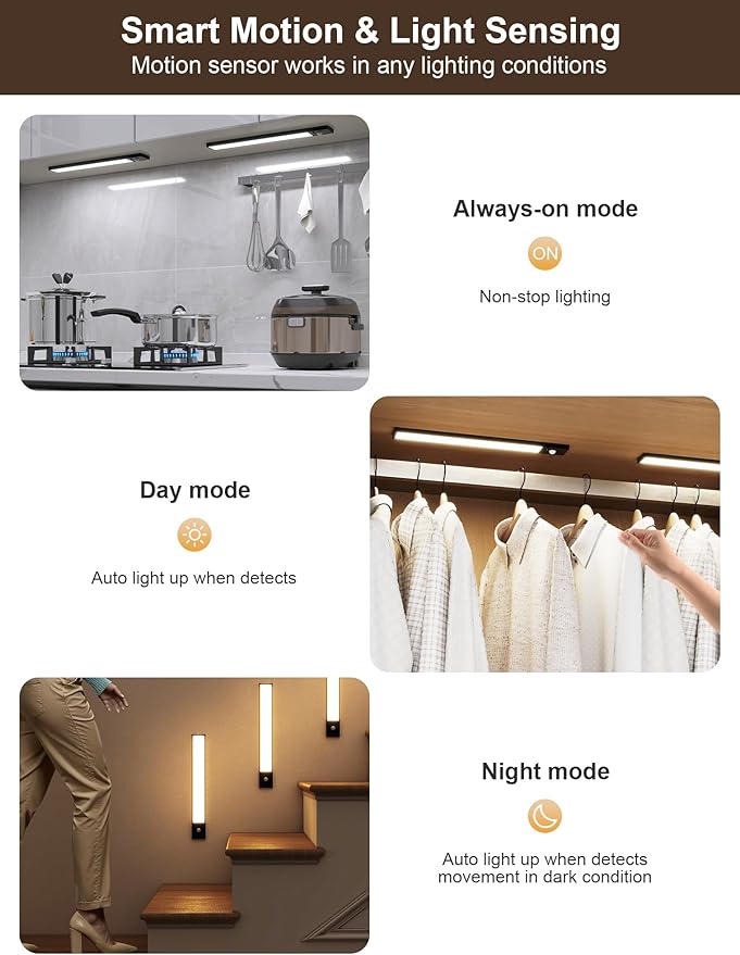 12inch Rechargeable Under Cabinet Lighting,56 LED -3 Color& 7 Levels Under Cabinet Lighting Wireless,3000mah Dimmable Magnetic Cabinet Lighting,Punch-Free Smart Sensor Magnetic Rechargeable led Lights