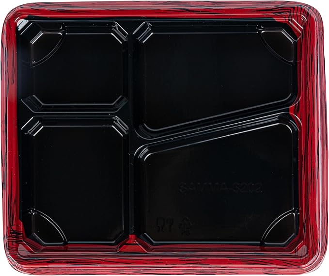 Restaurantware-Bento Tek 18.6 Ounce Meal Prep Containers, 100 Disposable To Go Food Boxes - Lids Sold Separately, 4 Compartments, Red And Black Plastic Bento Lunch Boxes, Freezable, For Take Out